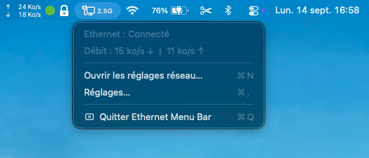 Menu Ethernet Menu Bar ouvert dans macOS, affichant l’état connecté et les débits réseau