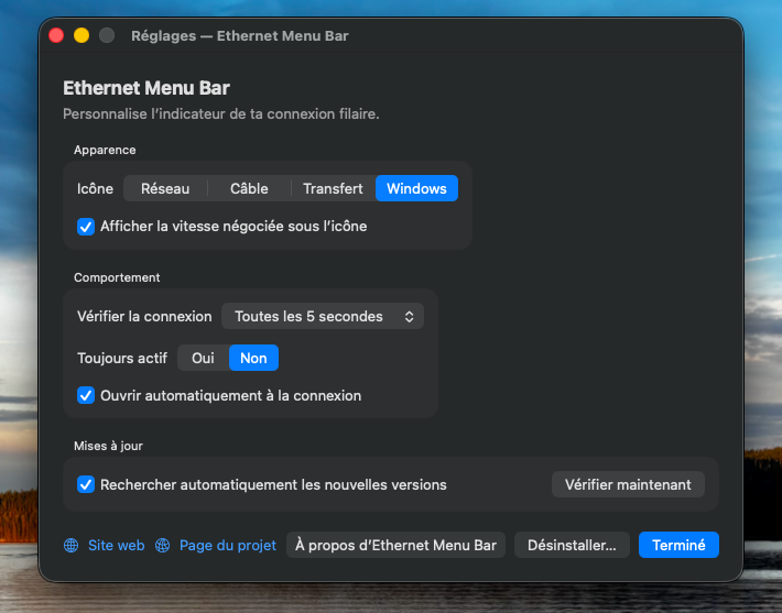 Fenêtre de réglages d’Ethernet Menu Bar avec les choix d’icône, la fréquence de vérification et les mises à jour